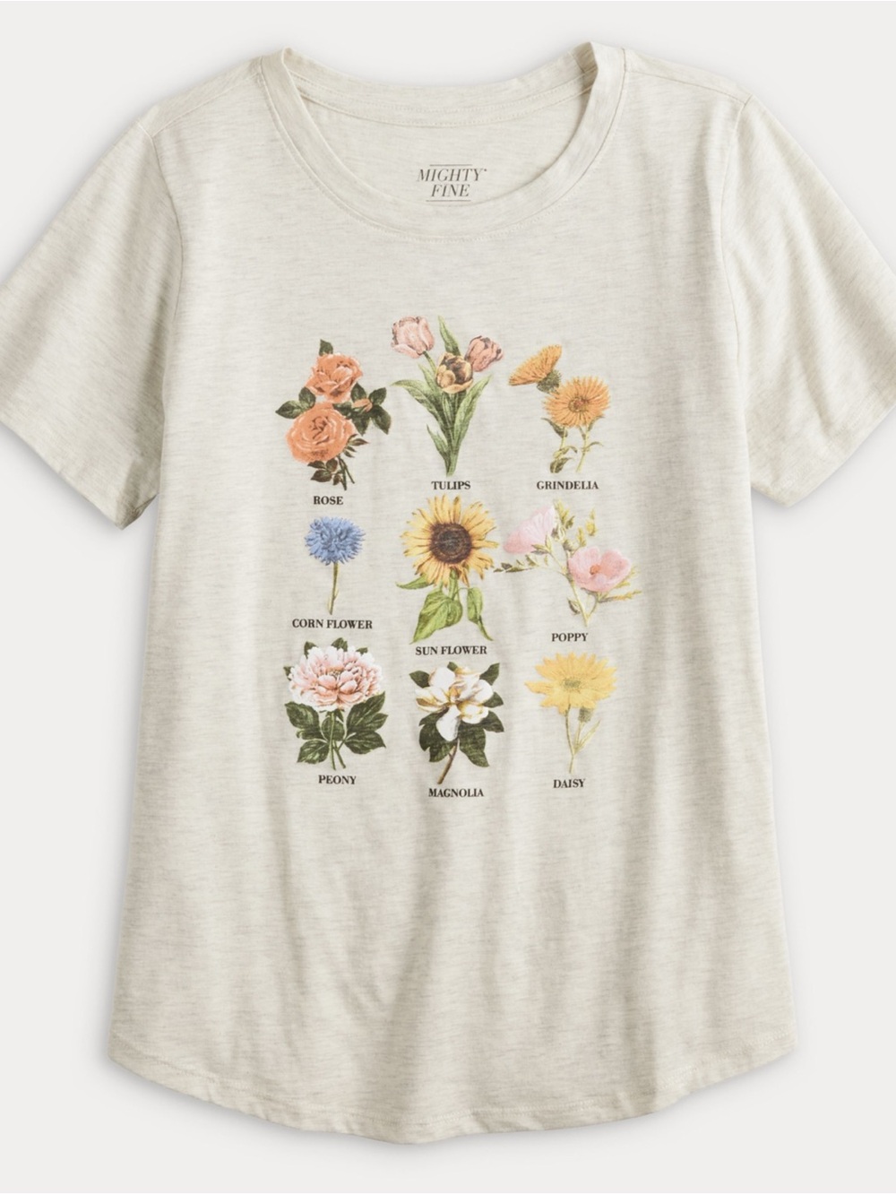 🌻 Mighty Fine Women’s Light Gray Floral Graphic Tee - Size L Cottagecore Garden